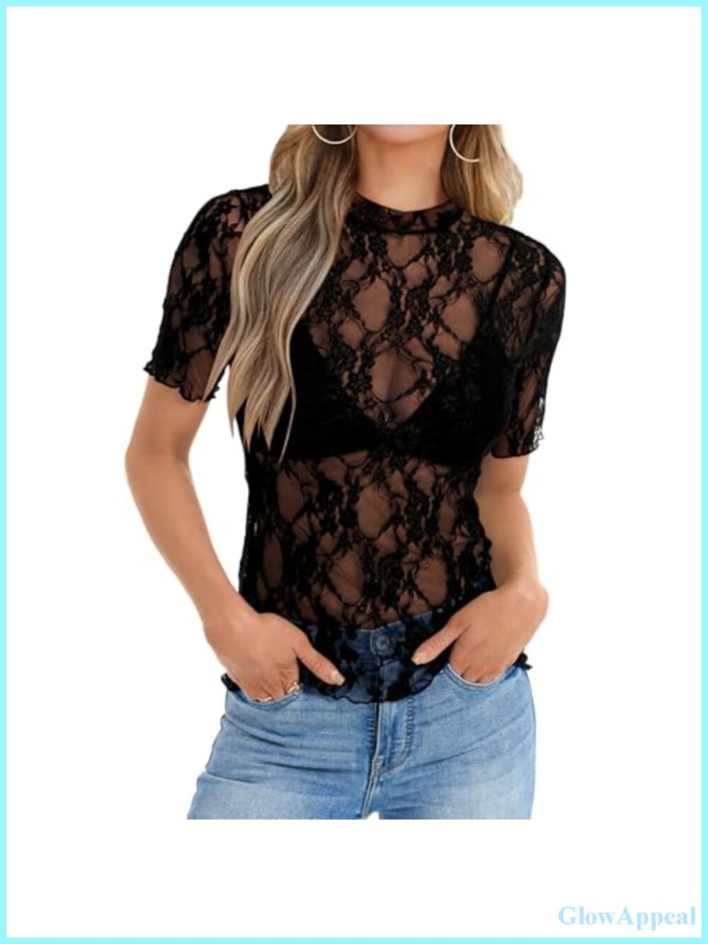 Women's Lace Mesh Sheer Short Sleeve Top Floral Embroidered Blouse